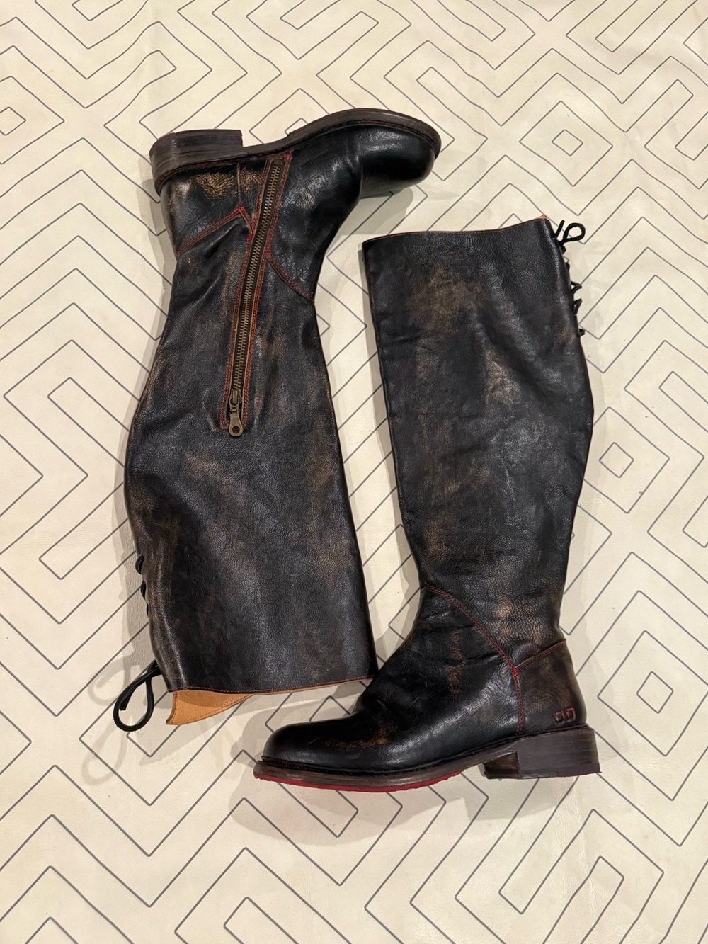 Bed | Stu Distressed Black Leather Riding Boots with Tie Calf - Picture 1 of 14